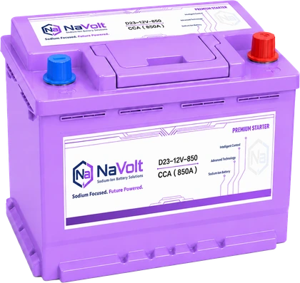 NaVolt, D23-12V-850, 12 V, sodium-ion starter battery, 40 Ah +/- 5%, 850 A CCA, for passenger vehicles, B2B product card