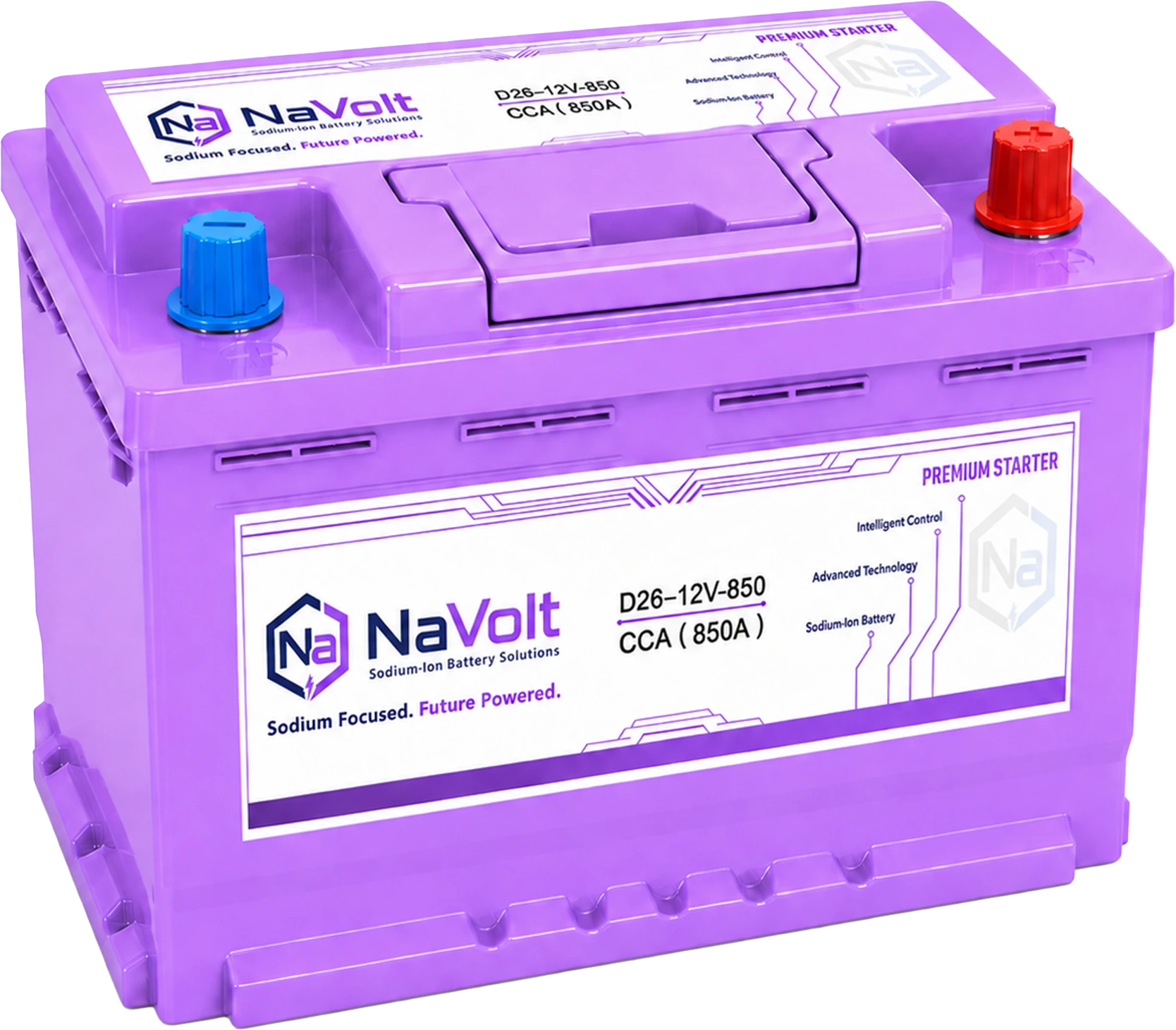 NaVolt, D26-12V-850, 12 V, sodium-ion starter battery, 40 Ah +/- 5%, 850 A CCA, for passenger vehicles, for Sodium-Ion Batteries for Marine, Emergency and Auxiliary Power